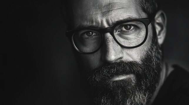A black and white close-up portrait of a man wearing glasses with a serious expression on his face.