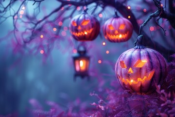 Spooky halloween background featuring hanging jack o  lanterns with carved faces on lilac hue