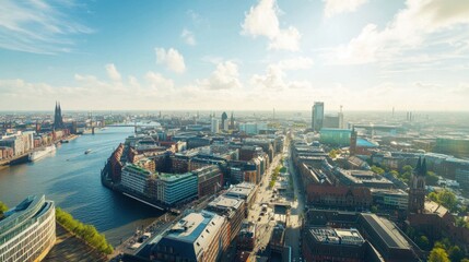 Fototapeta premium An expansive aerial view of Hamburg, showing the skyline with its blend of modern