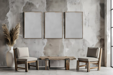 A stylish, minimalist living room featuring two wooden chairs, a rustic table, and empty frames on a textured wall, creating a serene atmosphere.