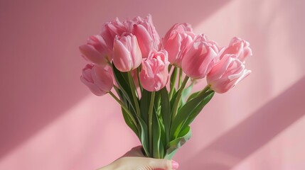Obraz premium A Beautiful Bouquet of Soft Pink Tulips on a Light Pink Background