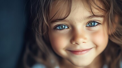 Fototapeta premium Close up portrait of a little girl with beautiful blue eyes smiling.