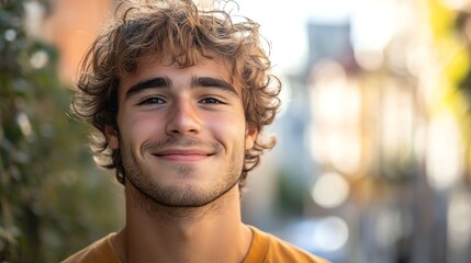 A young man with curly hair smiles at the camera, creating a friendly portrait.