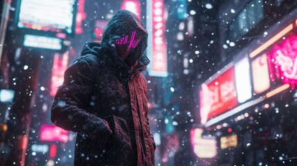 Fototapeta premium A hooded figure stands in a snowy city street at night, illuminated by neon signs.