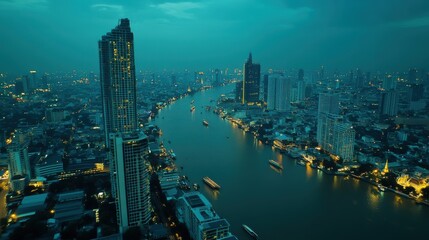 Obraz premium Bangkok from the sky, with its iconic skyline featuring skyscrapers and the winding Chao