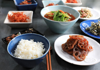 Normal Korean dining table with Gulbab(Boiled Rice) and various side dishes, South Korea