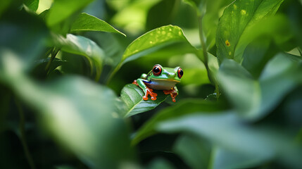 A tiny vibrant frog camouflaged among lush green leaves
