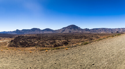 Panoramic view of desert landscape in arid desert with sandstones and large mountains in the background.