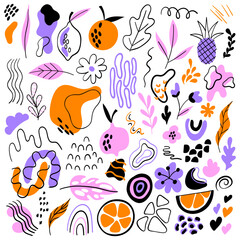 Big Set of Abstract Elements. Abstract Citrus Fruits and Geometric Shapes. Abstract Elements for Backgrounds, Textiles, Posters, Postcards, Packaging and more.	
