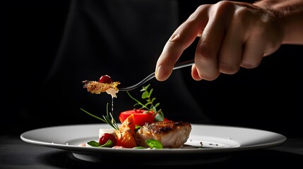 Hand Holding a Fork: A hand holding a fork, poised above a gourmet meal.
