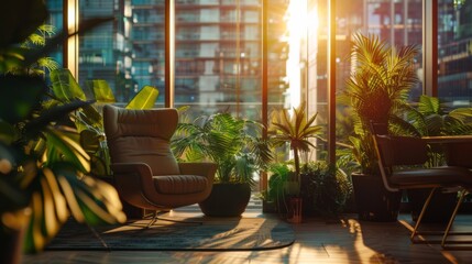 A Cozy Indoor Space with Green Plants and Warm Sunlight in a Modern Setting
