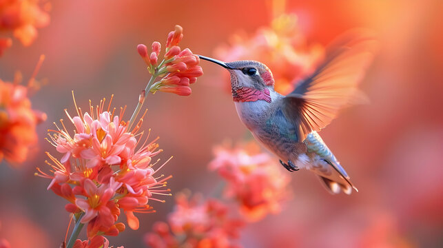 Hummingbird in Flight,  Nectar Feeding from Pink Flowers - Realistic Photo