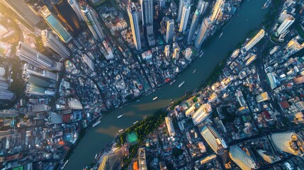 Fototapeta premium Bangkok skyline aerial shot, with skyscrapers towering over the city's intricate network