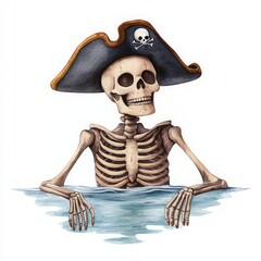 A whimsical pirate skeleton rises from water, wearing a classic tricorn hat, embodying a fun and adventurous spirit.