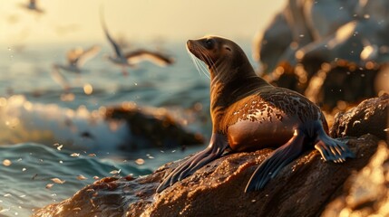 A seal relaxes on a rocky shore, basking in sunlight, with waves gently crashing nearby and birds flying overhead in a serene scene.