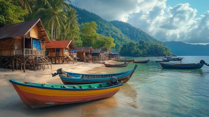 Fototapeta premium Traditional tropical fishing village with colorful boats and wooden huts nestled along the coastline. 4K hyperrealistic photo.