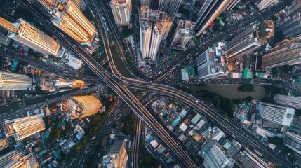 Fototapeta premium Bangkok skyline aerial shot, with skyscrapers towering over the city's intricate network