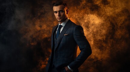 A handsome man in a suit with a serious expression stands in front of a smoky orange and black background.
