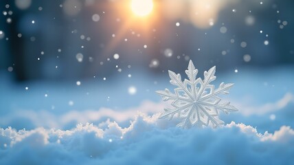 Naklejka premium Snowflake on snow, close-up, with bokeh effect - winter fairy tale, Christmas holiday background, frosty morning, sparkling snowflakes, magical atmosphere
