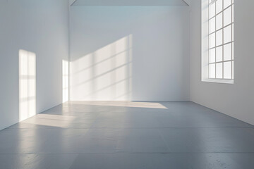 Fototapeta premium A large empty room with a white wall and wooden floors.,
