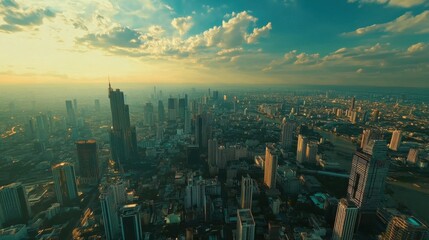 Fototapeta premium Bangkok skyline as seen from the sky, with skyscrapers punctuating the horizon in this