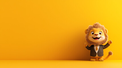 Adorable cartoon lion in a suit standing on a bright yellow background, perfect for children's themes and playful designs.
