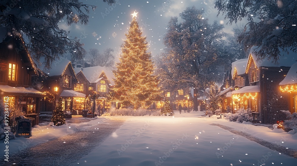 Poster Winter walk through a snow-covered town square, with a large Christmas tree in the center and warm lights glowing from nearby shops. 4K hyperrealistic photo.