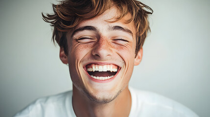 portrait of laughing man with big tooth gap, short hair and freckles,