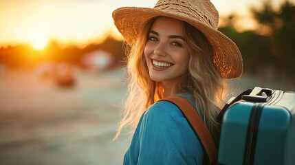 Young woman with a suitcase smiles against a sunset while wearing a straw hat on a summer evening