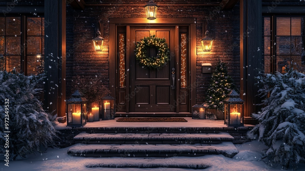 Canvas Prints Front porch with a wreath on the door, lanterns with candles, snow-covered steps, and a warm welcome mat. 4K hyperrealistic photo.