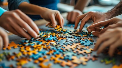 Obraz premium Close-up of hands assembling a colorful jigsaw puzzle