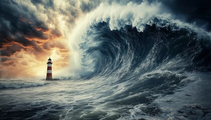 A Lighthouse Stands Firm Against an Immense, Powerful Wave