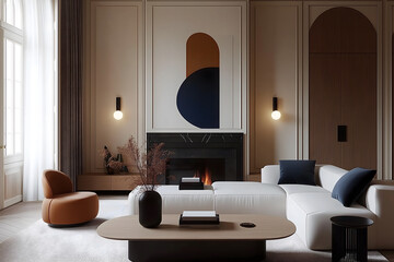 Hyper-Realistic Photo of a Minimalist Living Room with Light Wood Paneling and Elegant Decor