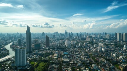 Fototapeta premium Bangkok's skyline from above, where skyscrapers line the horizon, reflecting