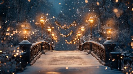Snow-covered bridge lit by old-fashioned street lamps, creating a picturesque winter scene perfect for a Christmas card. 4K hyperrealistic photo.