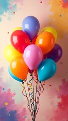 Colorful bunches of bright balloons on bright artistic background for holidays or parties. Place for text, banner.