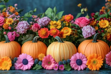 mini pumpkins and flowers decorations. Autumn composition frame. Free copy space. Front view