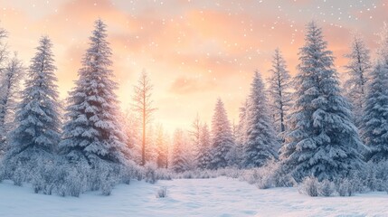 Snow-covered trees with the sky transitioning from pastel pink to golden orange, creating a serene winter scene. 4K hyperrealistic photo.