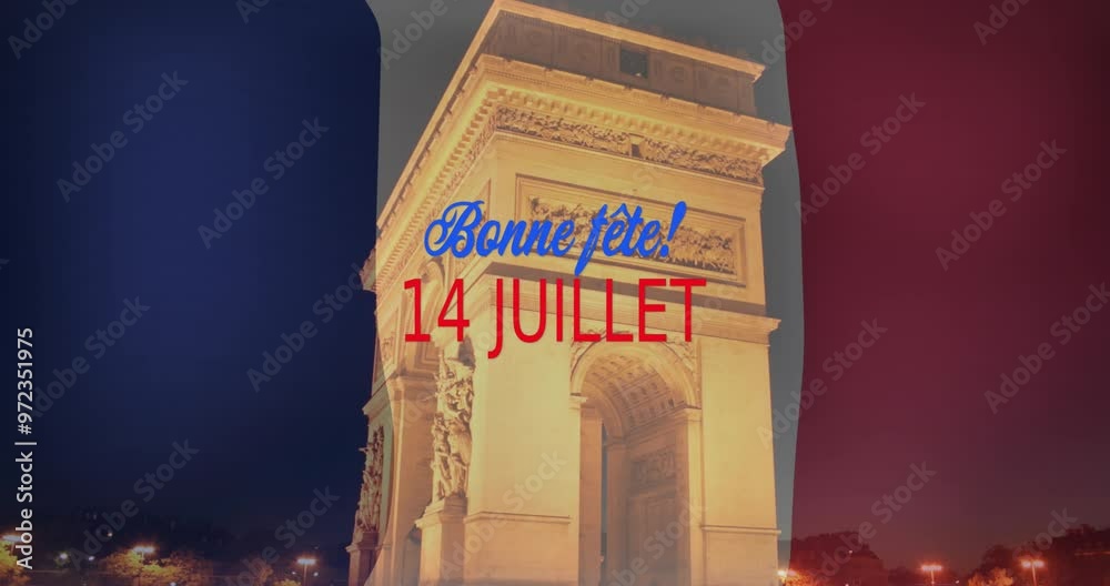 Poster Animation of bonne fete du 14 juillet text with french flag and paris background