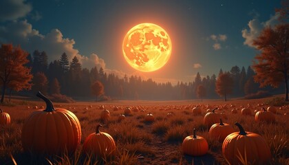 Harvest moon illuminating autumn fields pumpkins and a scenic Thanksgiving landscape creating a warm inviting holiday atmosphere outdoors.