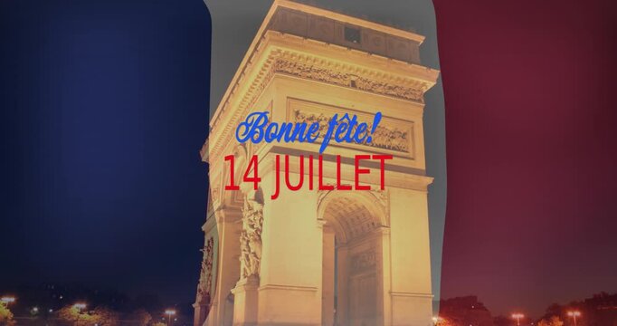 Animation of bonne fete du 14 juillet text with french flag and paris background