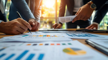 Fototapeta premium Business professionals discussing data charts and graphs on a table
