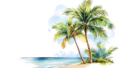 Fototapeta premium Holiday summer travel vacation illustration - Watercolor painting of palms, palm tree on teh beach with ocean sea, design for logo or t shirt, isolated on white background