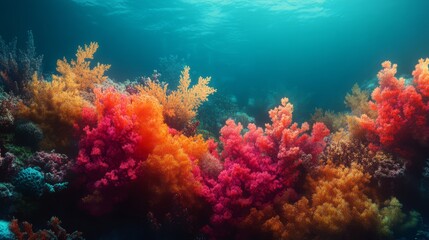Heatmap of a coral reef, with intense reds and oranges indicating areas of high biodiversity and cooler tones in less vibrant regions. 4K hyperrealistic photo.