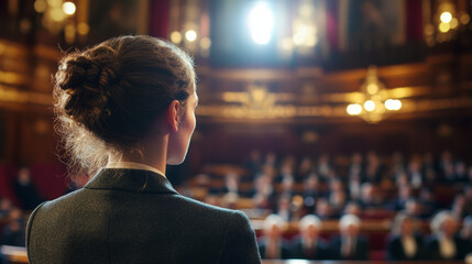 Obraz premium A woman sits at the forefront, addressing a large parliamentary audience in a formal session, with a grand wooden interior and attentive crowd. 