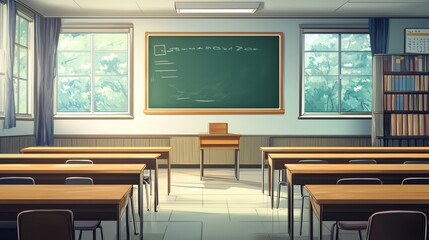 An anime-style classroom with desks, a chalkboard, and a bookshelf.