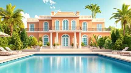 Fototapeta premium 20. 3D villa with a pool. A classic luxury home for vacation rentals and reservations. Banner for vacation, weekend, best summer concepts. Vector. High-quality 3D model of a sophisticated villa with
