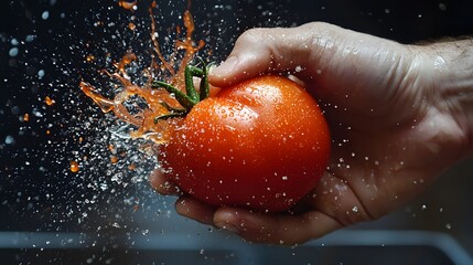 Hand Smashing a Tomato: A hand smashing a ripe tomato, with juice and seeds splattering out.
