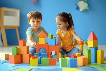 Two young children playing with colourful building blocks.