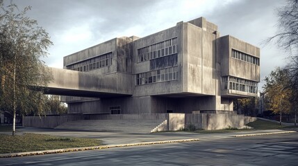 Obraz premium Brutalist city hall with a rigid, geometric facade, exposed concrete, and a severe, imposing presence in the urban landscape. 4K hyperrealistic photo.